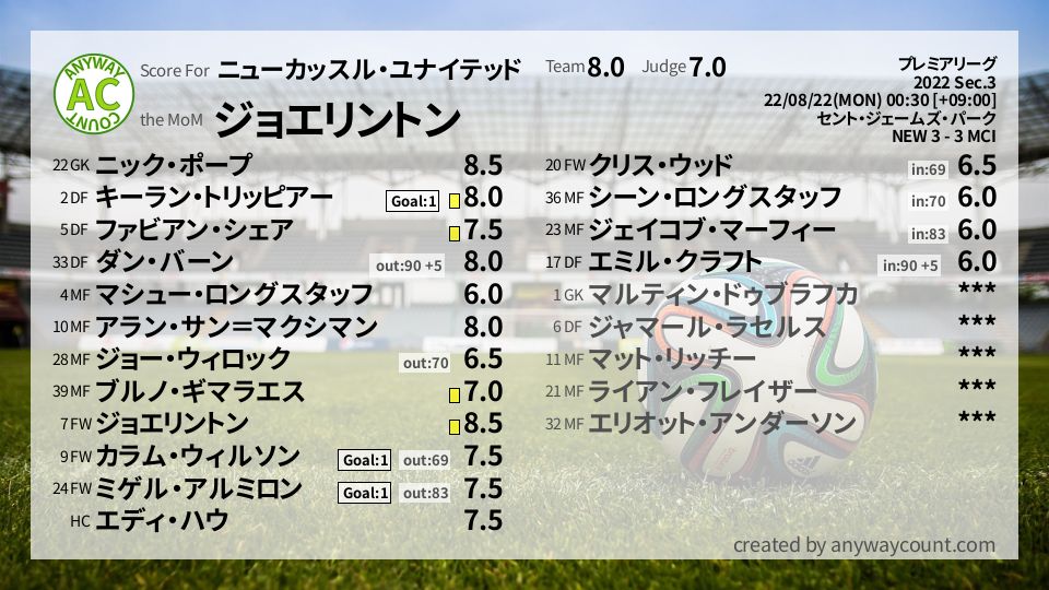 #ニューカッスル・ユナイテッド #プレミアリーグ Sec.3採点